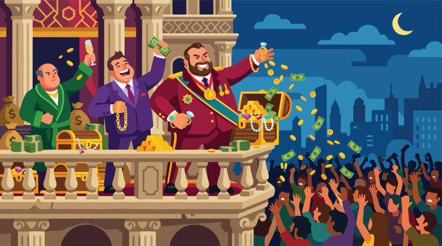 Rich politicians showing off wealth from balcony vector. Wealthy elite throwing gold coins to poor crowd. Oligarchy and financial inequality concept.