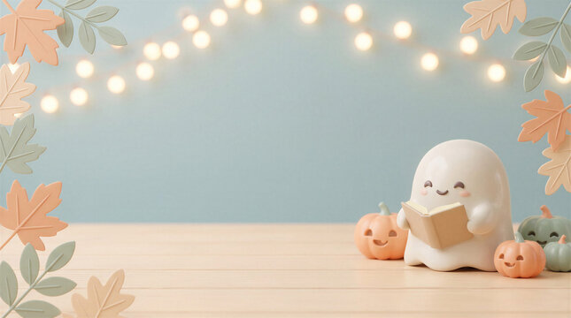 Cute ghost reading a book with miniature pumpkins in an autumn frame.
