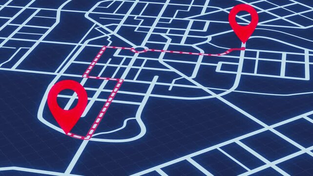 Travel itinerary concept connects a starting point and destination on a city map, suited for tourism, navigation apps, and trip planning footage