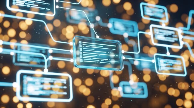 Glowing digital code blocks connecting in abstract network interface with bokeh background, software engineering, tech concept.