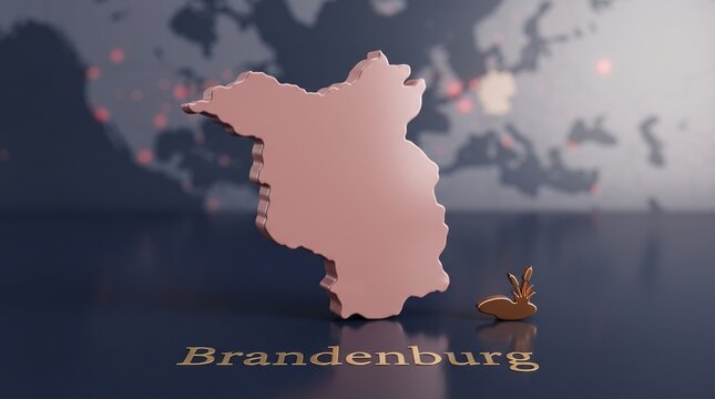3D extruded Brandenburg Germany map silhouette in dusty rose with bronze lake reed symbol on navy reflective surface, lakeland countryside regional icon