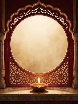 Lit clay diya oil lamp placed on marble sill in front of ornate jharokha window arch, festival celebration background, traditional lighting.