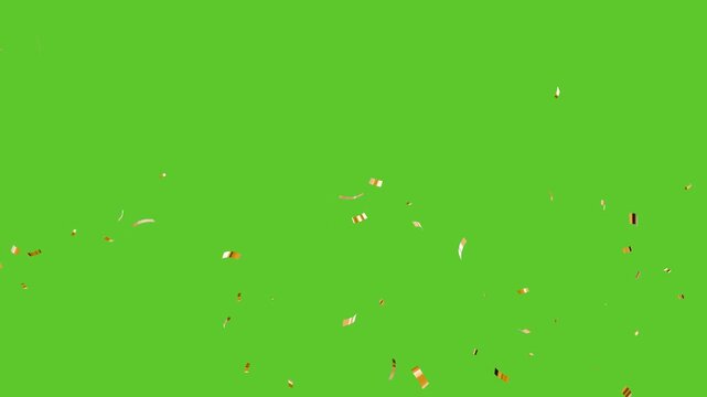 slowly falling gold confetti rain alpha channel. gold confetti video particles pack on green background.