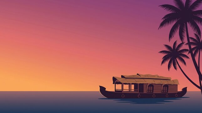 Traditional Kerala Houseboat Sailing on Tranquil Backwaters at Sunset with Palm Trees, Tropical Travel Concept, Peaceful Horizon Background.