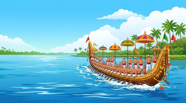 Traditional Kerala snake boat race celebrating Onam festival on scenic tropical backwaters with rowers and umbrellas, indian culture, vallam kali, team sport illustration
