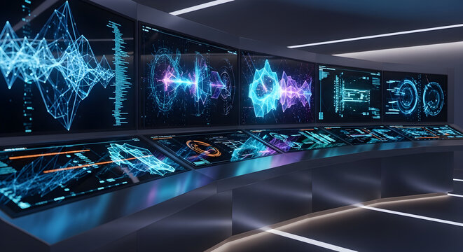 Futuristic Data Visualization Command Center with Neon Screens.