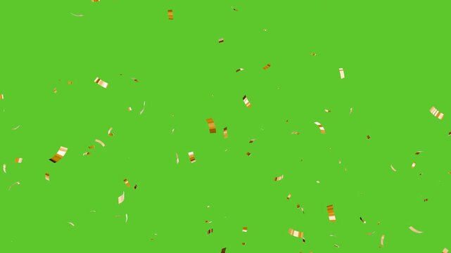 slowly falling gold confetti rain alpha channel. gold confetti video particles pack on green background.