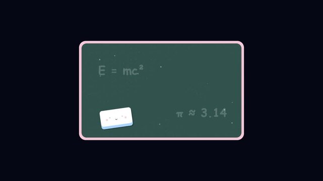 Cute animated eraser character cleaning mathematical formulas on a board