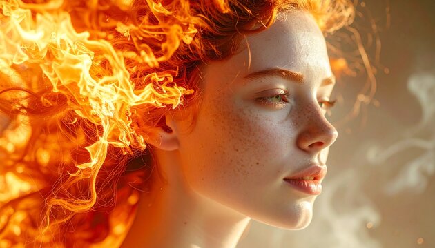 Fiery Portrait - A Woman Enveloped in Flames and Smoke.