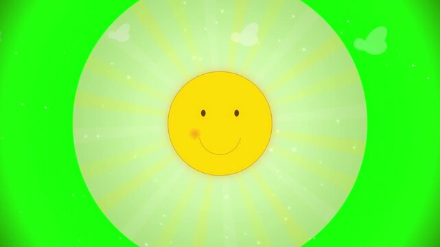 Smiling yellow sun cartoon with glowing light rays on a green background