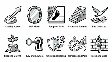 Obraz premium A collection of ten hand drawn doodle icons representing various concepts and symbols.