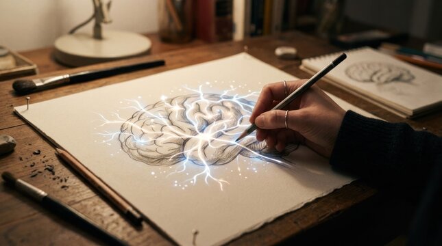 Artist Illustrates Brain Activity and Neural Connections on Paper.