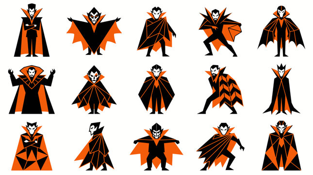 A collection of cute chibi vampire characters in various poses wearing dark capes for halloween themed graphic design projects