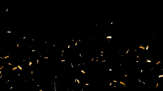 gold confetti rain isolated on black background for festive holiday celebrations overlay. slow motion overlay golden confetti flying include alpha matte.