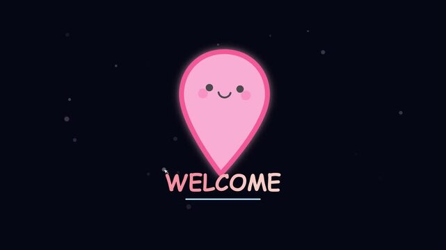 Animated Pink Map Pin Character Greeting Welcome Message on Dark Background