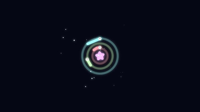 Animated glowing neon worms spinning around a cute star character on dark background