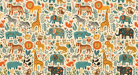 Fototapeta premium Cute Safari Animals Seamless Pattern with Zebra, Giraffe, Lion, Elephant and Tropical Leaves