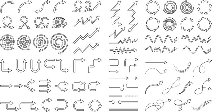 Decorative Arrow and Direction Line Art Collection with Curved Spiral and Flow Arrows