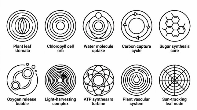 A collection of ten circular line art icons representing various biological and botanical processes related to plant photosynthesis and cellular function.