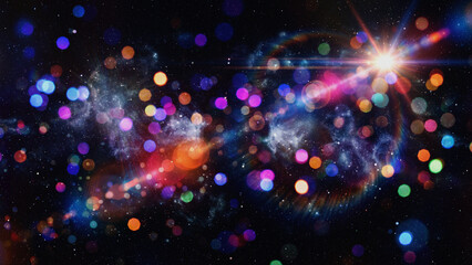 Colorful cosmic bokeh lights with nebula and stars on black background © ale studio 