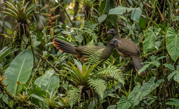 Juxtaposed Rufous-vented Chachalacas in Dense Tropical Foliage