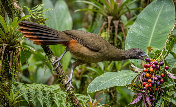  Rufous-vented Chachalaca Feeding on Wild Tropical Berries.