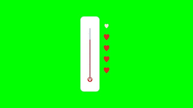 Animated Vertical Health Bar with Heart Icons on Green Screen.