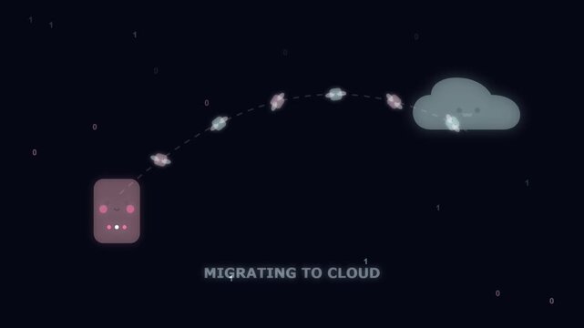 Data migrating from device to cloud storage with binary code animation
