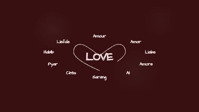 Multilingual Love Typography Design Featuring Heart Symbol and Global Translations.