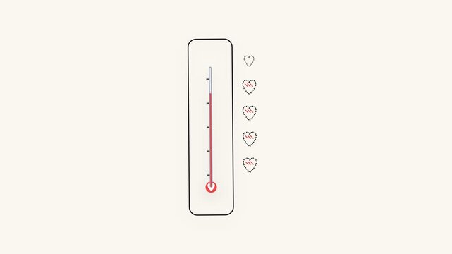 Animated thermometer graphic showing rising temperature levels with heart icons.