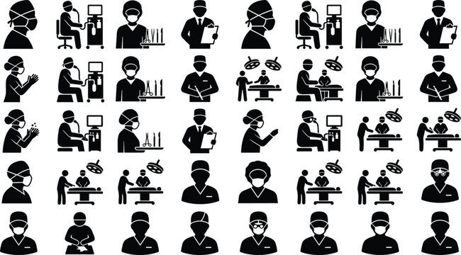 Medical Surgery and Surgical Team Vector Icon Set Featuring Surgeons Anesthesiologist Operating Room and Surgical Tools