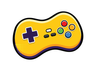 Cute Yellow Cartoon Game Controller Icon with Purple Shadow, Comic Style Gaming Gamepad Vector Illustration Isolated on White. Yellow video game console control joystick. Electronic hand joypad. © DeepVisuals7
