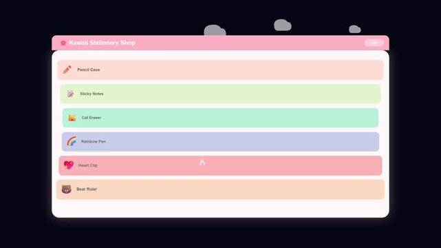 Stationery Shop Interface Showing Grid and List View Layout Transition