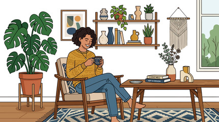 Woman relaxing at home sitting in cozy armchair drinking coffee in a room decorated with houseplants and bookshelves illustration © fani