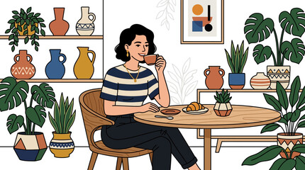 Fototapeta premium Young woman drinking coffee in cozy cafe surrounded by houseplants and ceramic pottery illustration