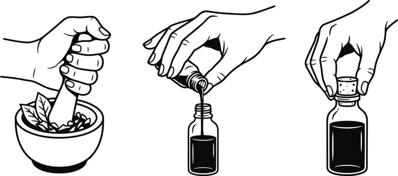 Vintage apothecary line art set, hands preparing herbal medicine with mortar and pestle, essential oil bottle pouring and corking vector illustrations
