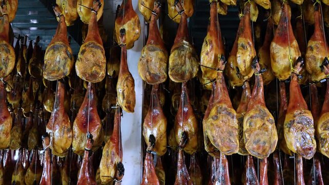 Iberian Pork Ham Drying Facility in the town of Jabugo in the Municipality of Jabugo in the Sierra de Aracena and Picos de Aroche Natural Park in Sierra Morena. Province of Huelva. Andalusia. Spain.