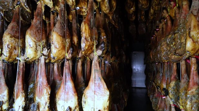 Iberian Pork Ham Drying Facility in the town of Jabugo in the Municipality of Jabugo in the Sierra de Aracena and Picos de Aroche Natural Park in Sierra Morena. Province of Huelva. Andalusia. Spain.