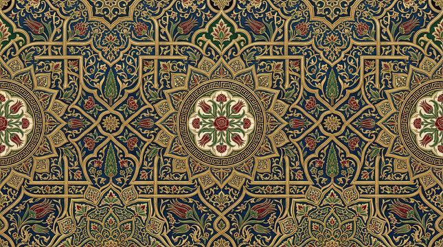Colorful floral and geometric islamic pattern on dark blue background, traditional arabesque mosaic with intricate design.