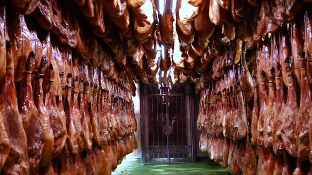 Iberian Pork Ham Drying Facility in the town of Jabugo in the Municipality of Jabugo in the Sierra de Aracena and Picos de Aroche Natural Park in Sierra Morena. Province of Huelva. Andalusia. Spain.