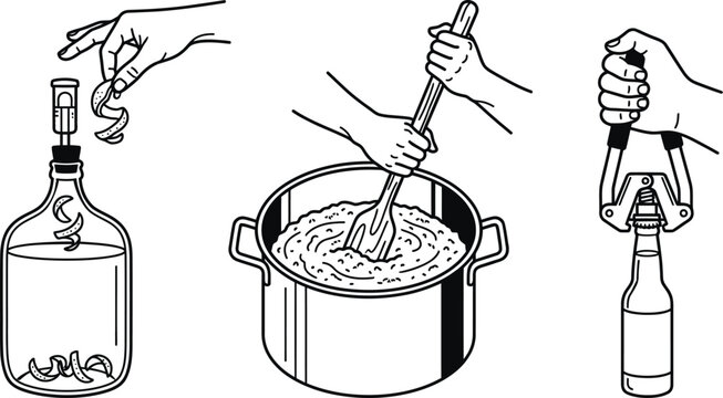 Home brewing process vector icons, manual beer making steps line art, hands stirring mash and capping bottles, fermentation equipment illustrations