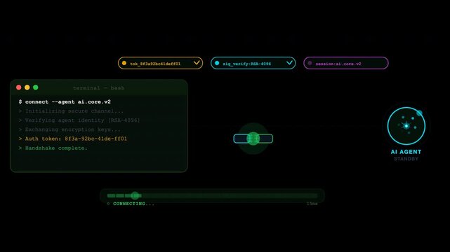 ai automation cli agent connect Suitable for technology websites and applications, this asset features a modern dark interface with icons, system logs, text, and logo.