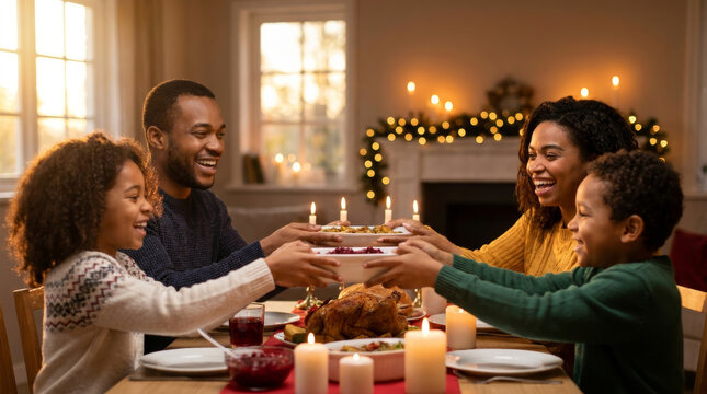 Happy family enjoying a festive holiday dinner together around a candlelit table