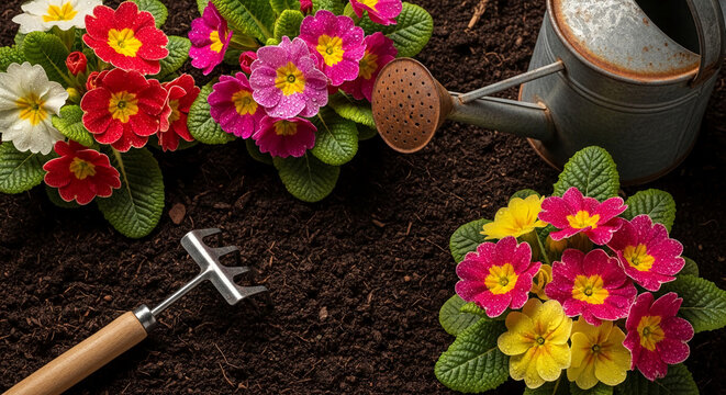 Colorful primroses with water droplets on petals, gardening tool, and watering can on rich soil, symbolizing spring growth and gardening season