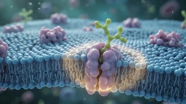 Detailed 3D rendering of a biological cell membrane with embedded proteins and a highlighted receptor interacting with a ligand molecule, illustrating cellular transport.
