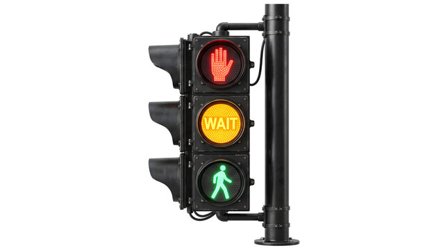 Pedestrian crossing signal displaying a red hand amber circle and green walking figure isolated as a PNG on transparent background