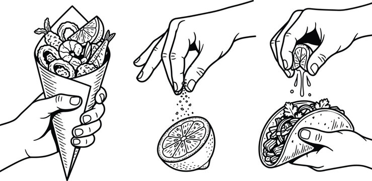 Vintage hand drawn seafood and taco illustrations, black and white line art of hand holding shrimp cone, squeezing lime on taco and seasoning food