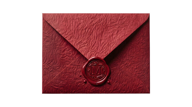 Vintage red envelope sealed with an ornate wax stamp featuring a monogram isolated as a PNG on transparent background