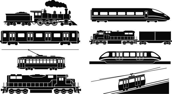 Set of train vector silhouettes including steam locomotive bullet train subway tram and diesel freight train