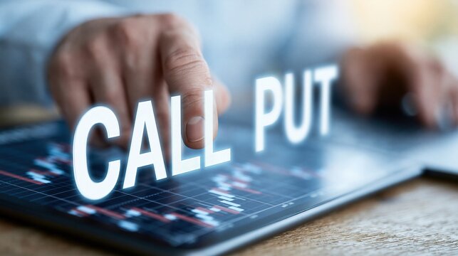 Investor making a decision on a digital tablet displaying stock market charts and options trading terms CALL and PUT